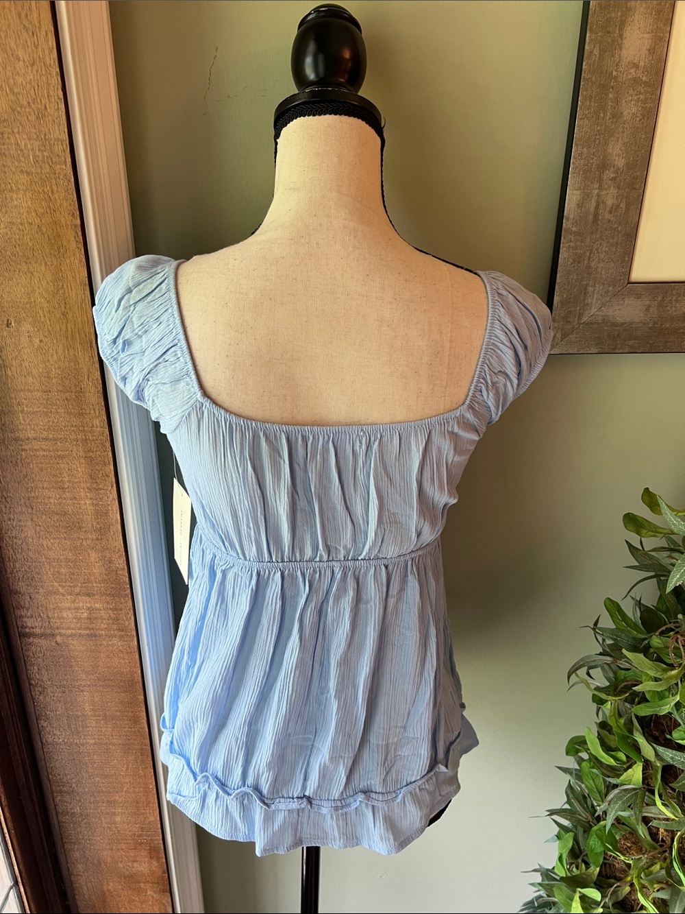 Light Blue Ruffle-Trim V-Neck Women's Blouse - Picture 4 of 6